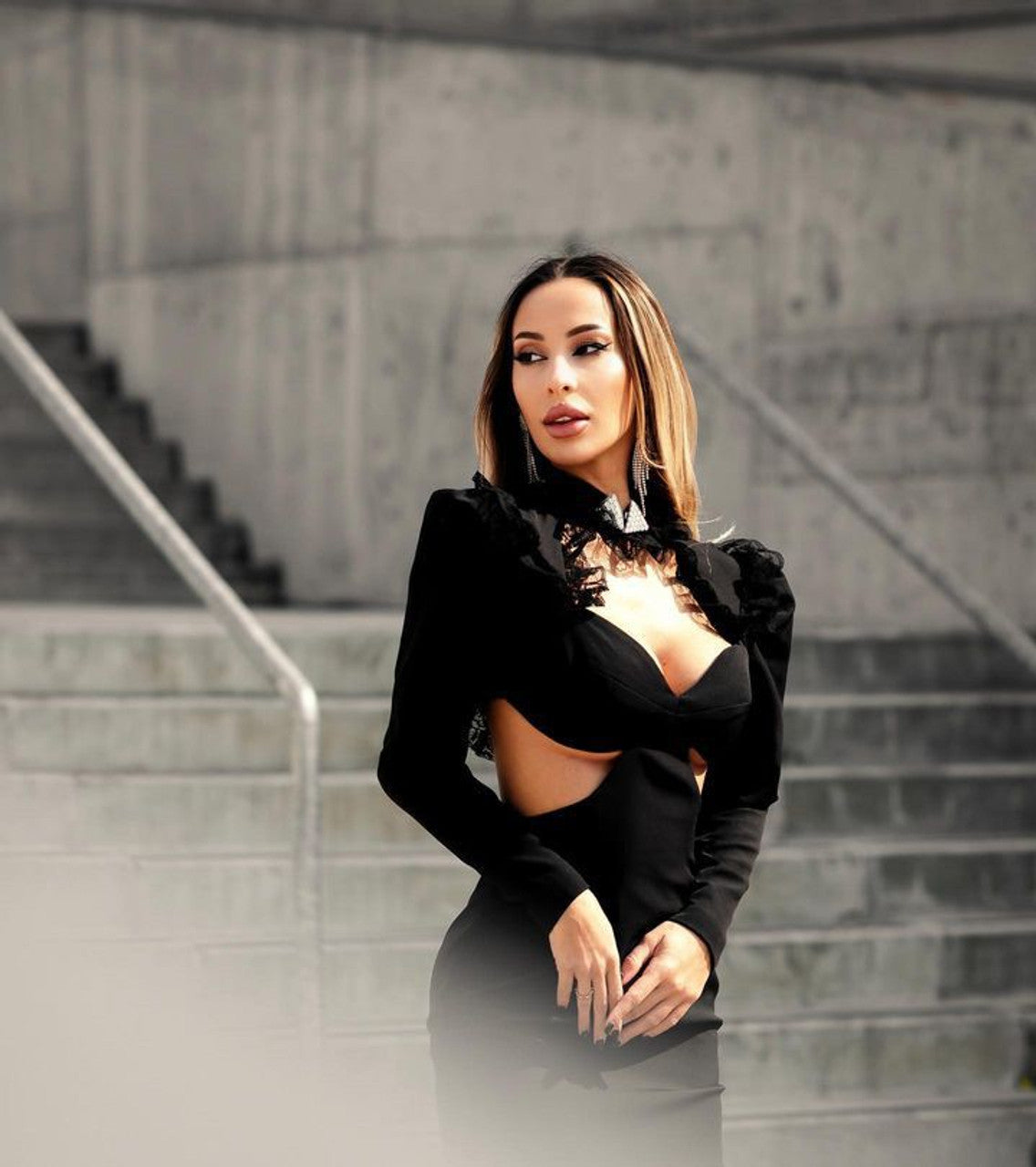 Long Sleeve Lace Cut Out Dress Black