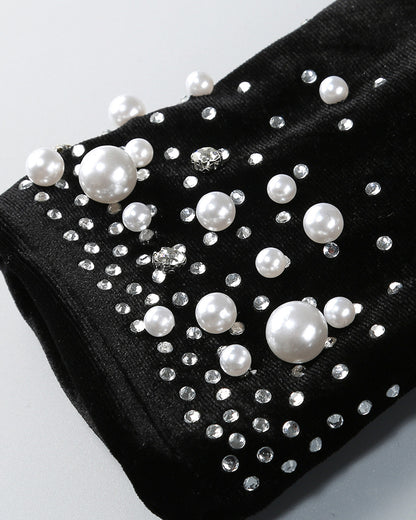 Long Sleeve Pearl Crystal Maxi Velvet Dress Black HV1928