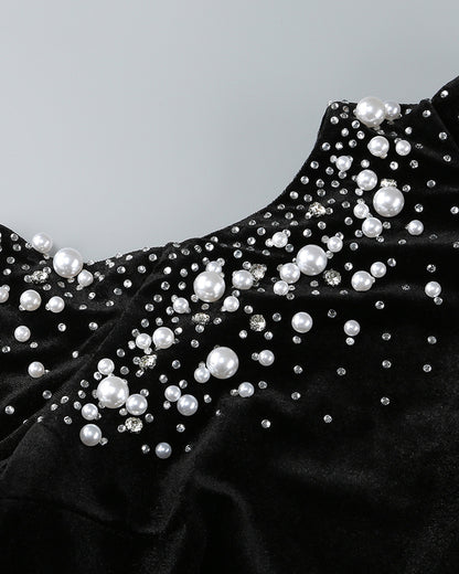 Long Sleeve Pearl Crystal Maxi Velvet Dress Black HV1928
