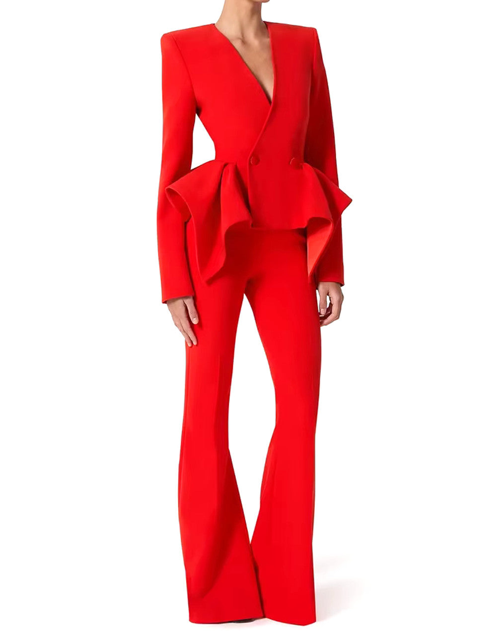 Long Sleeve Peplum Detail Suit Red
