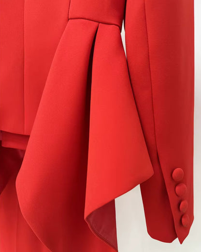 Long Sleeve Peplum Detail Suit Red