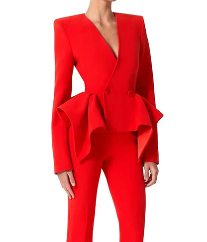 Long Sleeve Peplum Detail Suit Red