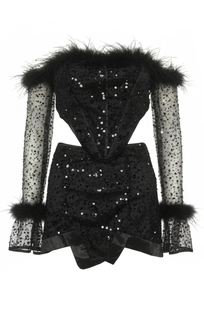 Long Sleeve Feather Bardot Sequin Two Piece Dress Black HV2447
