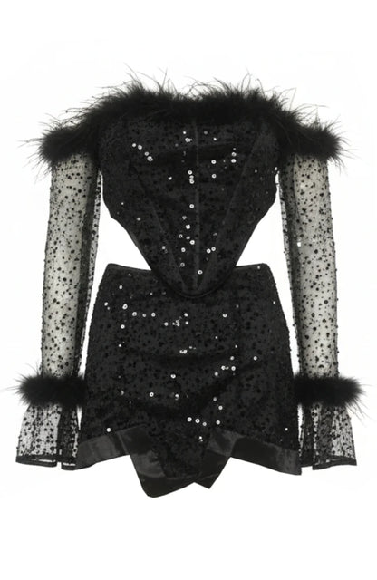Long Sleeve Feather Bardot Sequin Two Piece Dress Black HV2447