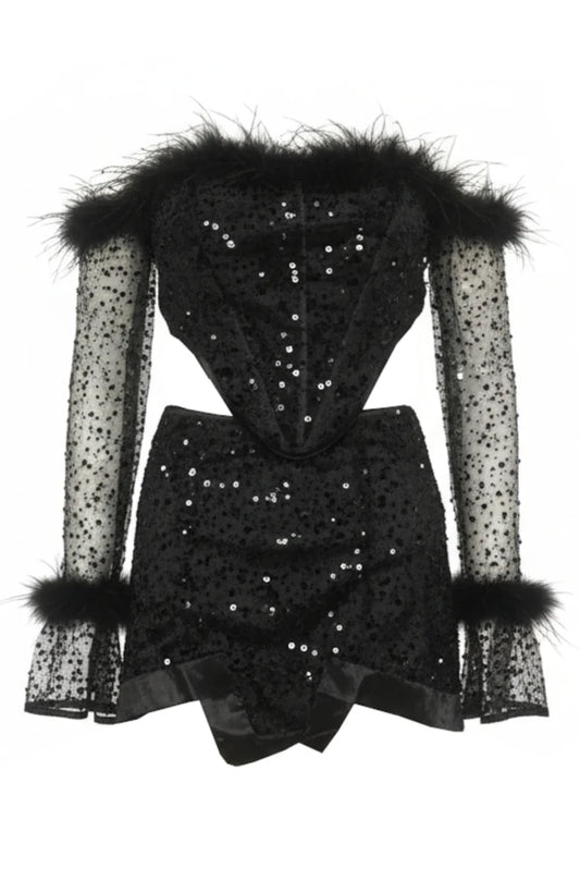 Long Sleeve Feather Bardot Sequin Two Piece Dress Black HV2447