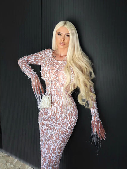 Long Sleeve Pearl Sequin Maxi Dress White Nude
