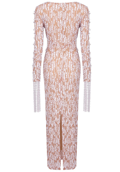 Long Sleeve Pearl Sequin Maxi Dress White Nude