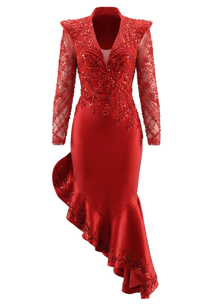 Long Sleeve Sequin Ruffle Midi Dress Red HV3016