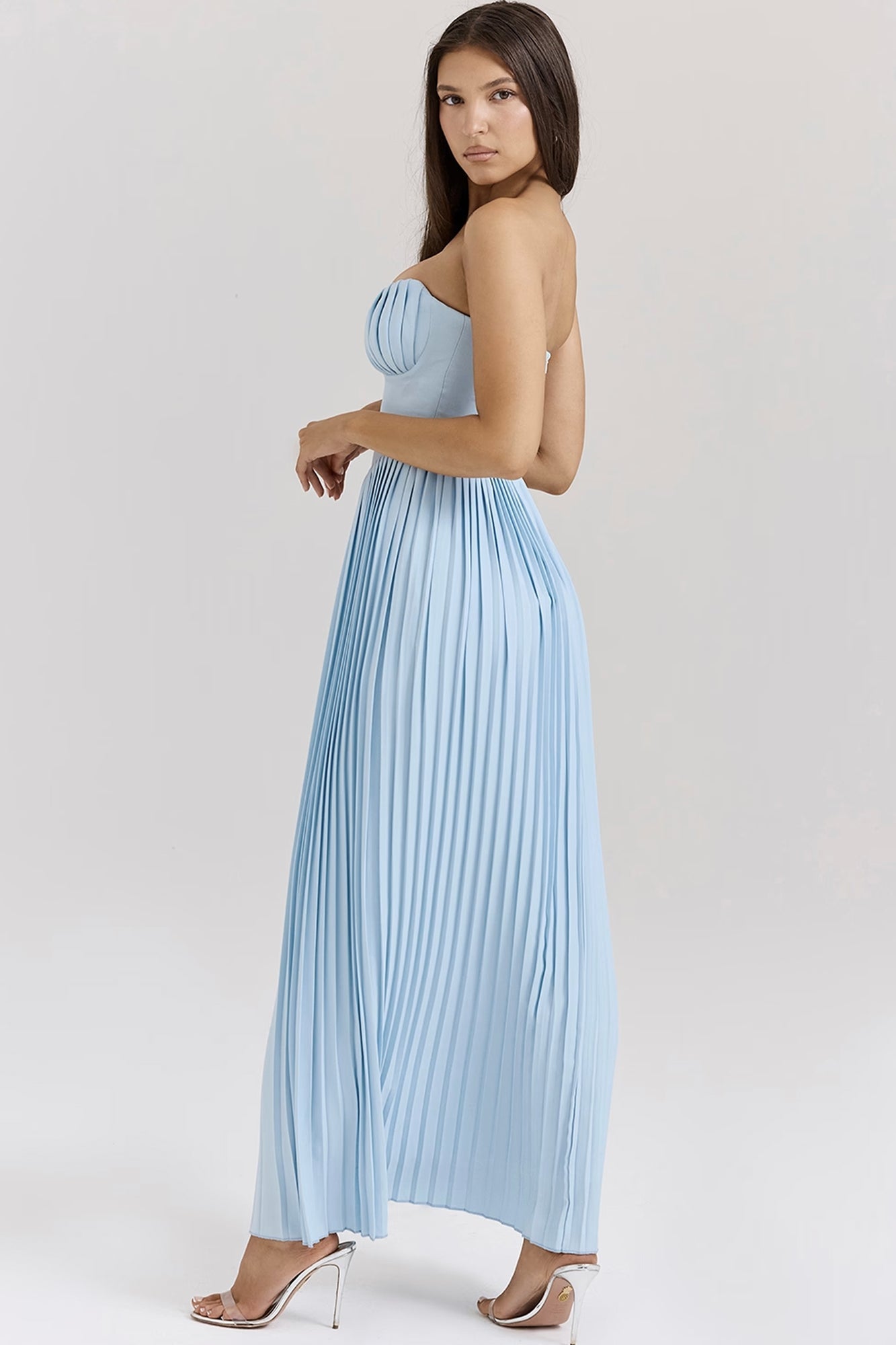 Strapless Bustier Pleated A Line Maxi Dress Blue