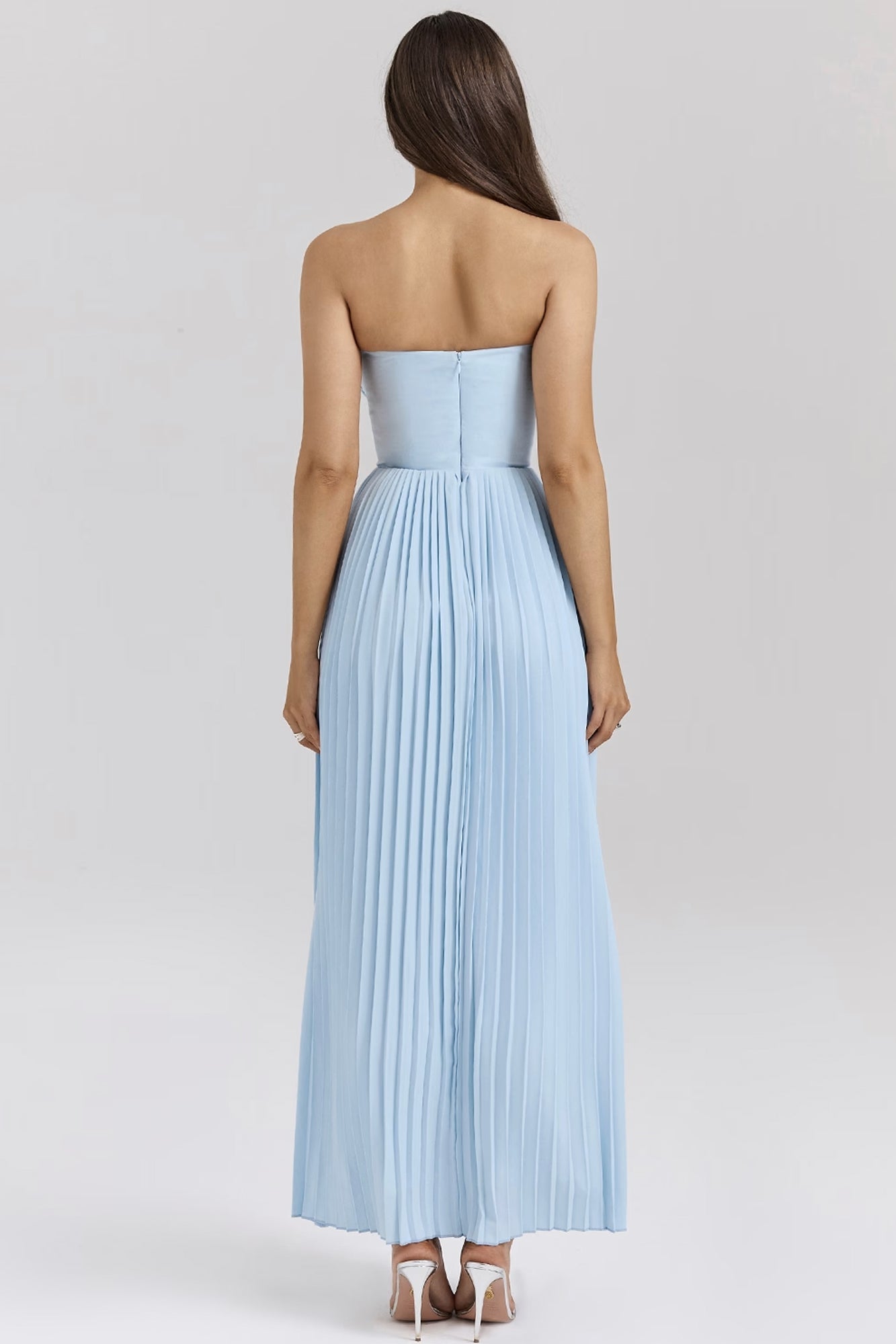 Strapless Bustier Pleated A Line Maxi Dress Blue