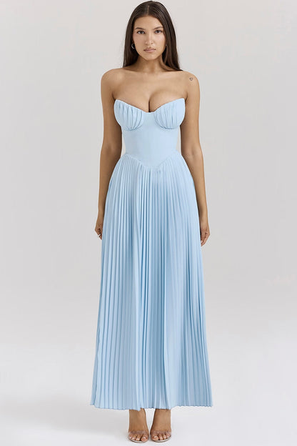 Strapless Bustier Pleated A Line Maxi Dress Blue