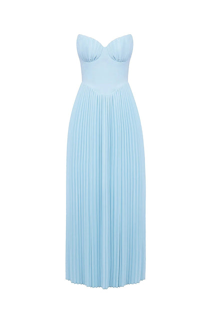 Strapless Bustier Pleated A Line Maxi Dress Blue