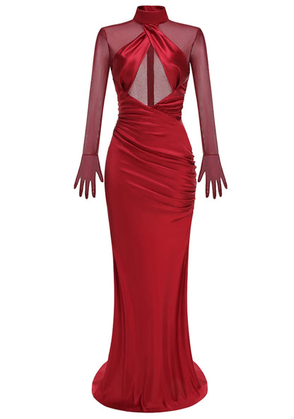 Mesh Glove Sleeves Draped Maxi Dress Red HV2958