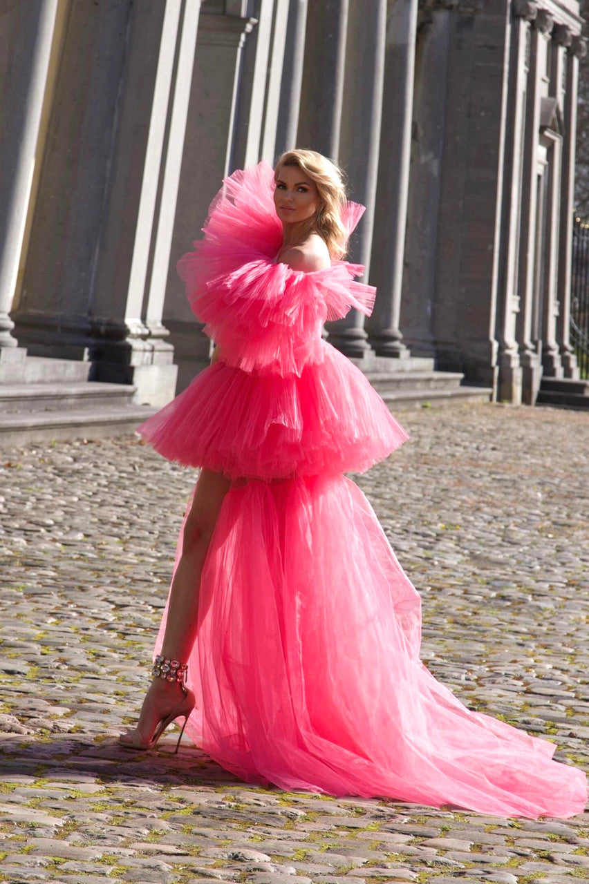 Mesh Two Piece Maxi Dress Hot Pink