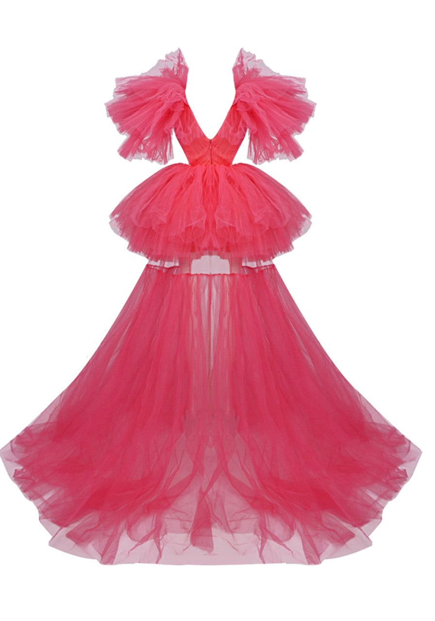 Mesh Two Piece Maxi Dress Hot Pink