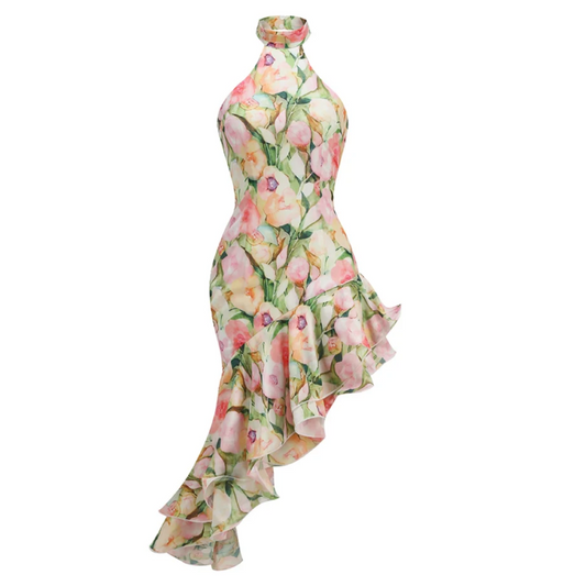 Halter Floral Ruffle Maxi Dress HV1035