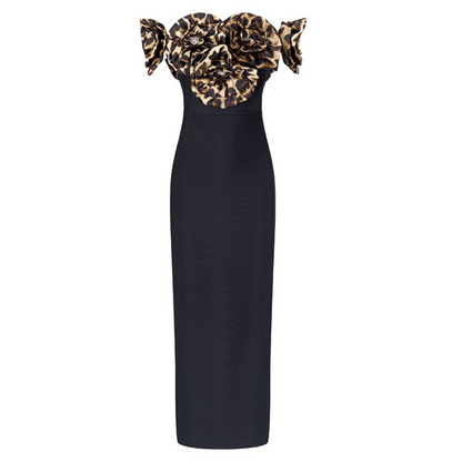 Animal Print Floral Bardot Maxi Dress Black HV2187