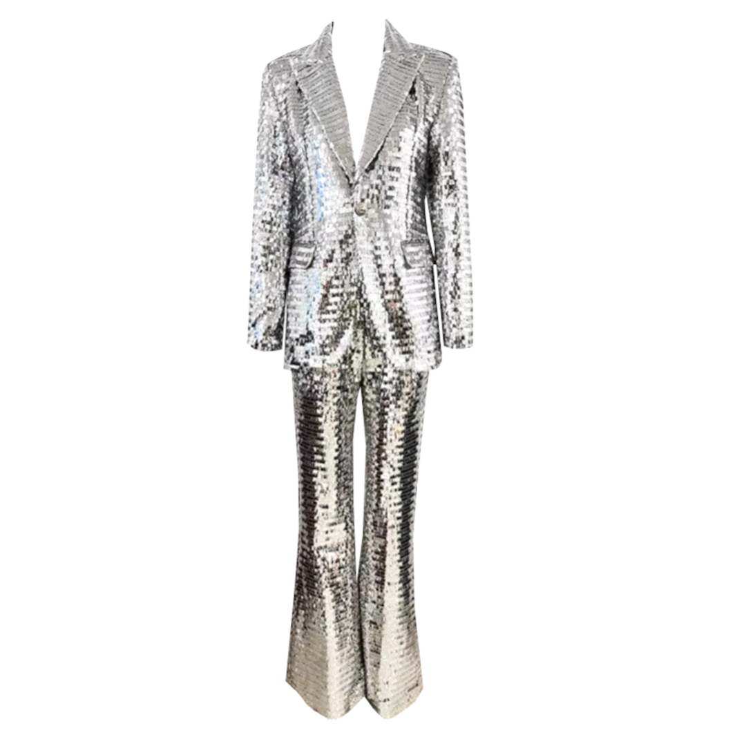 Long Sleeve Mirrored Sequin Suit Silver