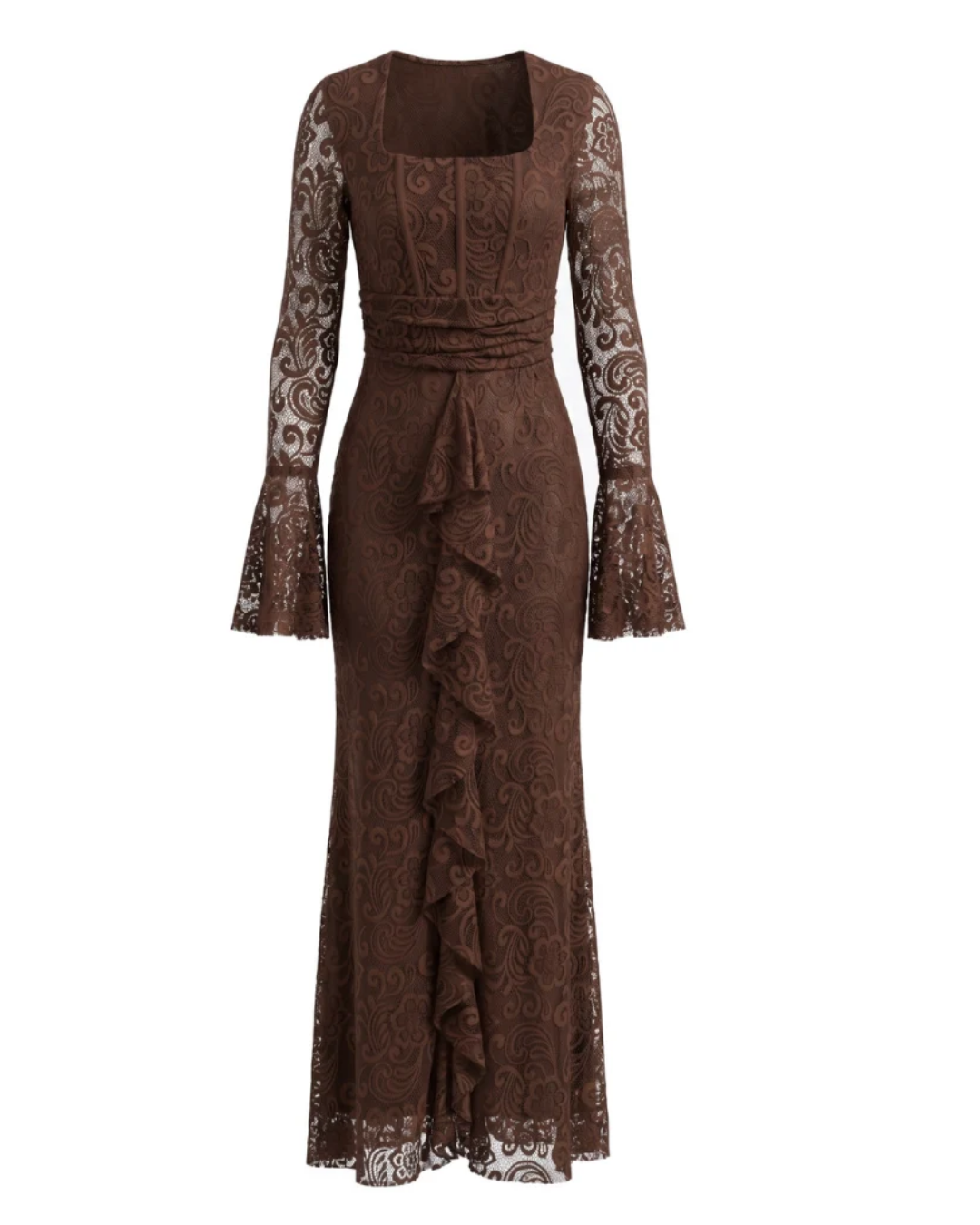 Long Sleeve Ruffle Detail Lace Maxi Dress Brown HV3238