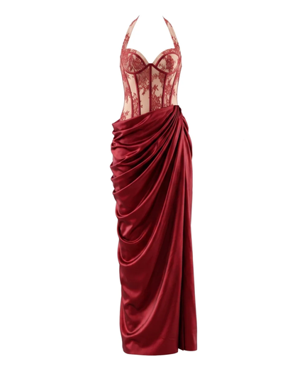 Halter Lace Corset Draped Maxi Dress HV3191