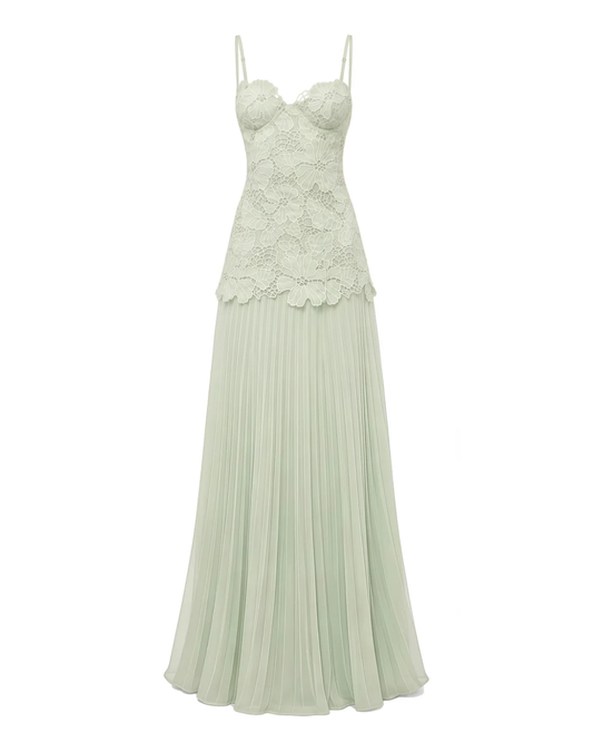 Lace Bustier Pleated A Line Maxi Dress Green HV3236