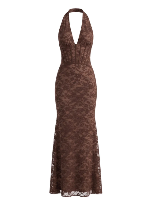 Halter Structured Lace Maxi Dress Brown HV3237