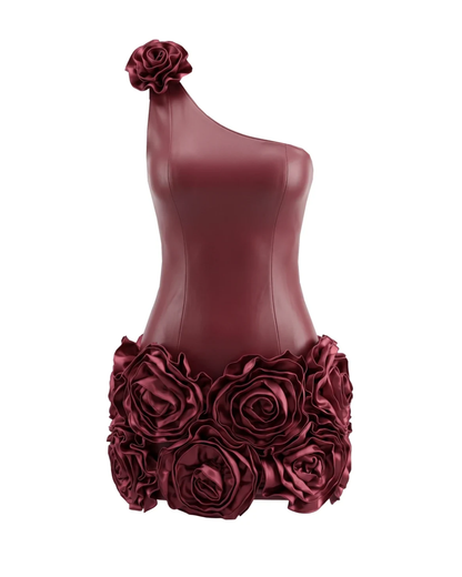 One Shoulder Floral Dress Burgundy HV3209