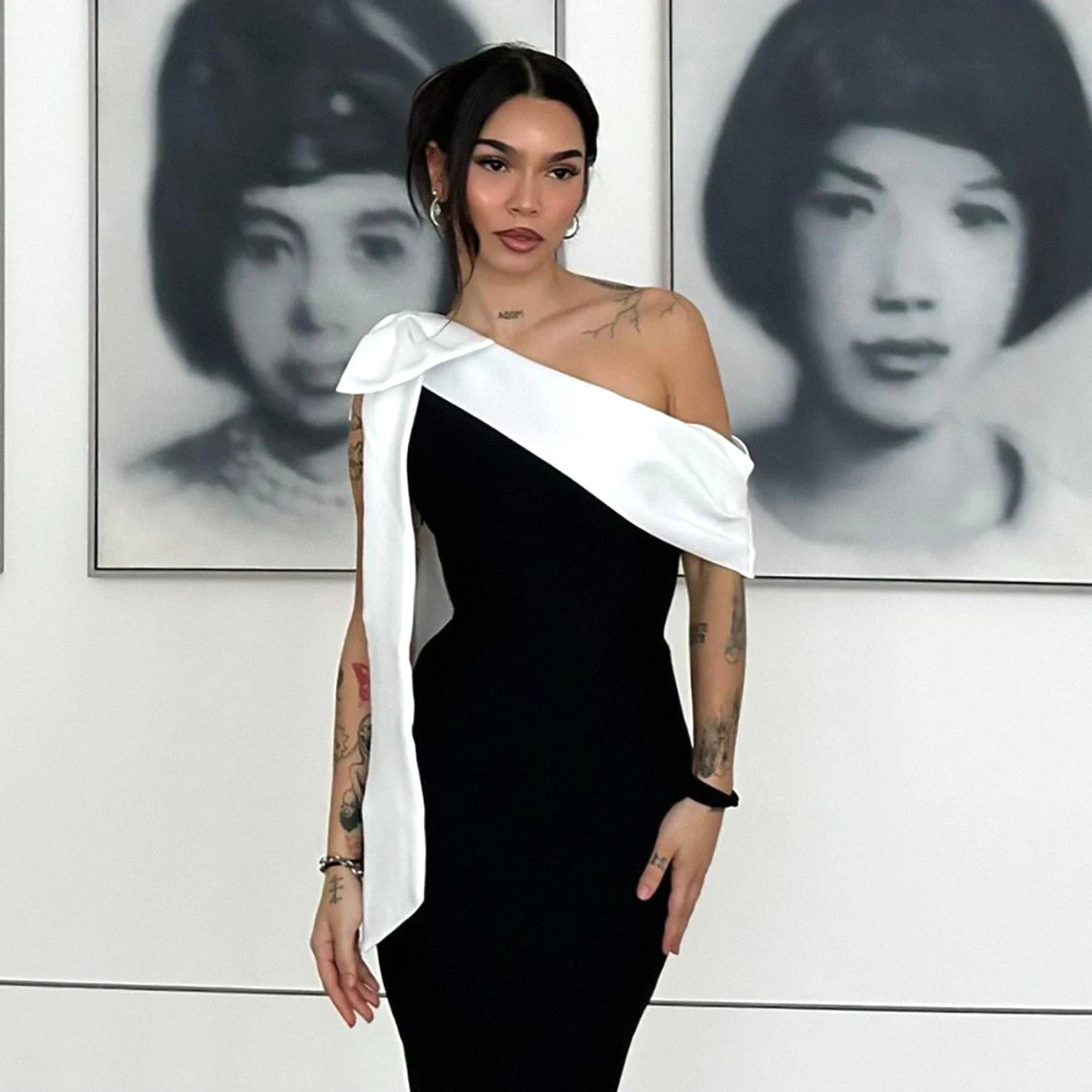 One Shoulder Bow Detail Midi Dress Black White