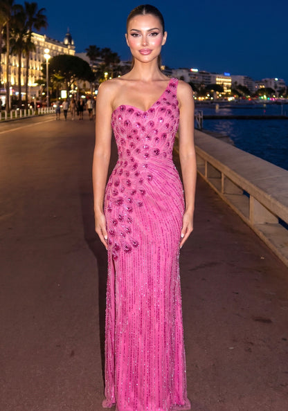 One Shoulder Sequin Maxi Dress Hot Pink HV2975