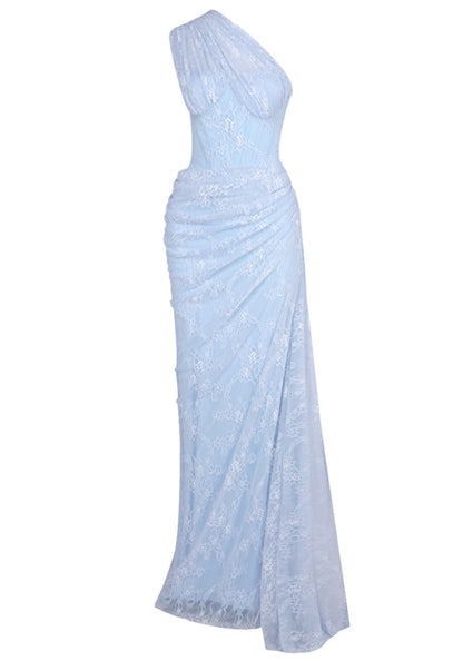 One Shoulder Draped Lace Maxi Dress Light Blue HV2677