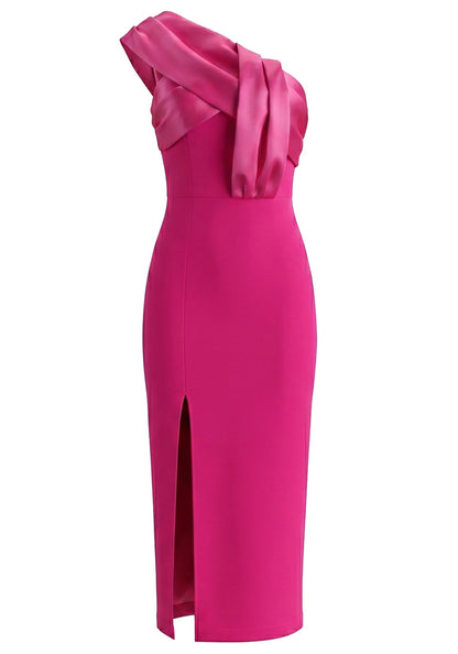 One Shoulder Draped Midi Dress Hot Pink HV3004