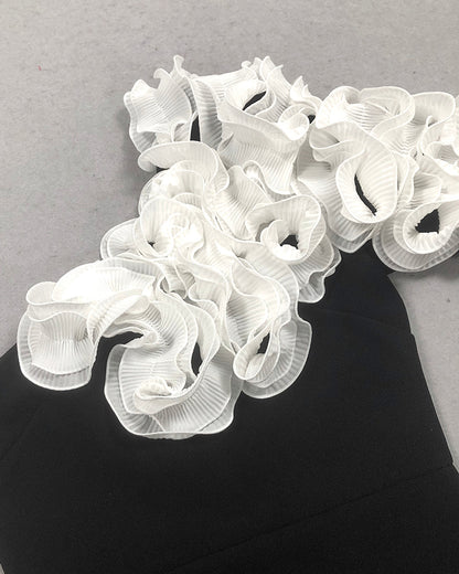 One Shoulder Pleated Ruffle Maxi Dress Black White