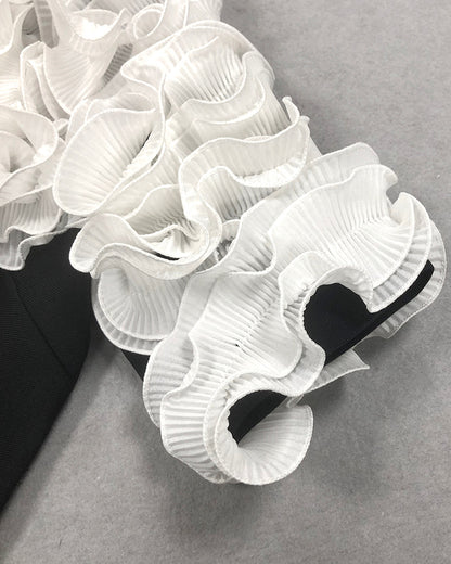 One Shoulder Pleated Ruffle Maxi Dress Black White