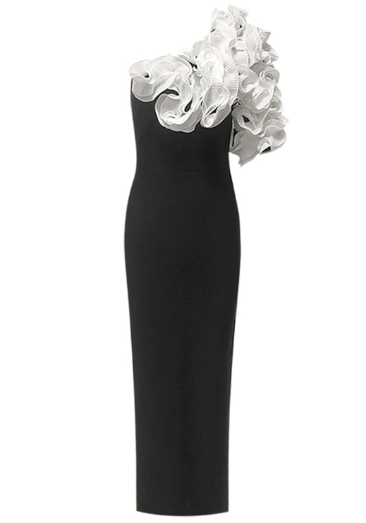 One Shoulder Pleated Ruffle Maxi Dress Black White