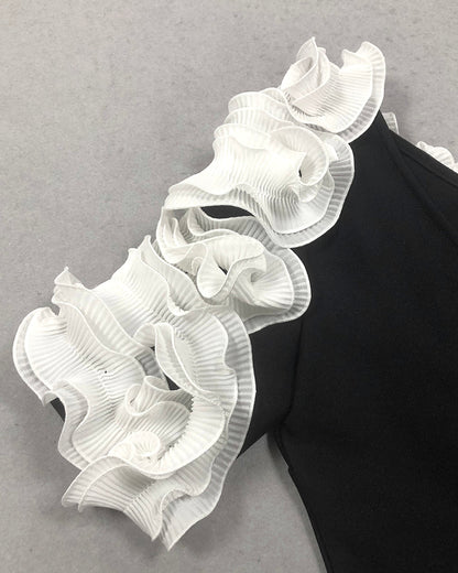 One Shoulder Pleated Ruffle Maxi Dress Black White