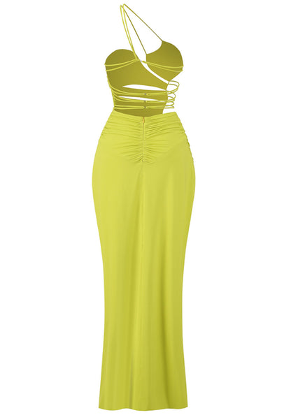 One Shoulder Draped Strappy Maxi Dress Chartreuse
