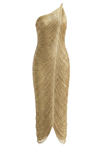 One Shoulder Tassel Detail Midi Dress Gold HV3019