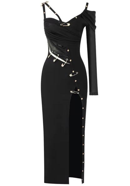 One Sleeve Safety Pin Detail Maxi Dress Black