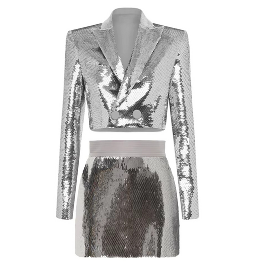 Long Sleeve Sequin Two Piece Set Silver