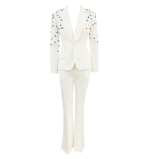 Long Sleeve Embellished Suit White