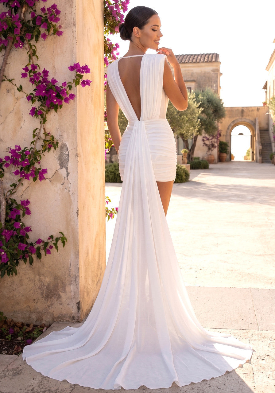 Plunge V Neck Draped Dress White HV0074
