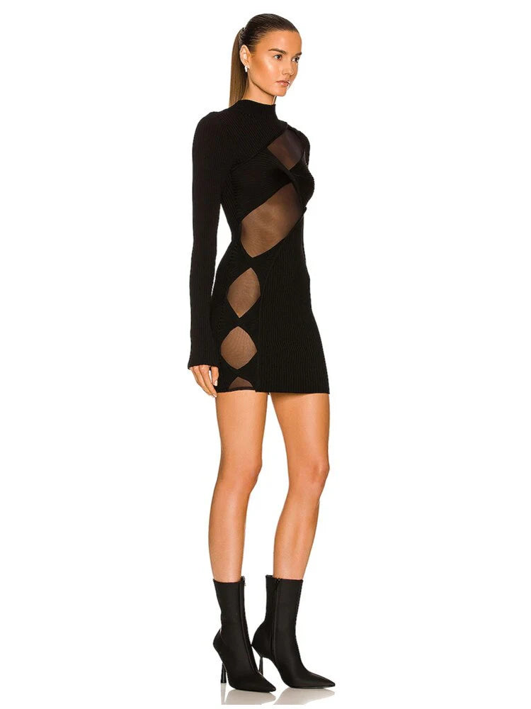 Long Sleeve Mesh Insert Ribbed Dress Black