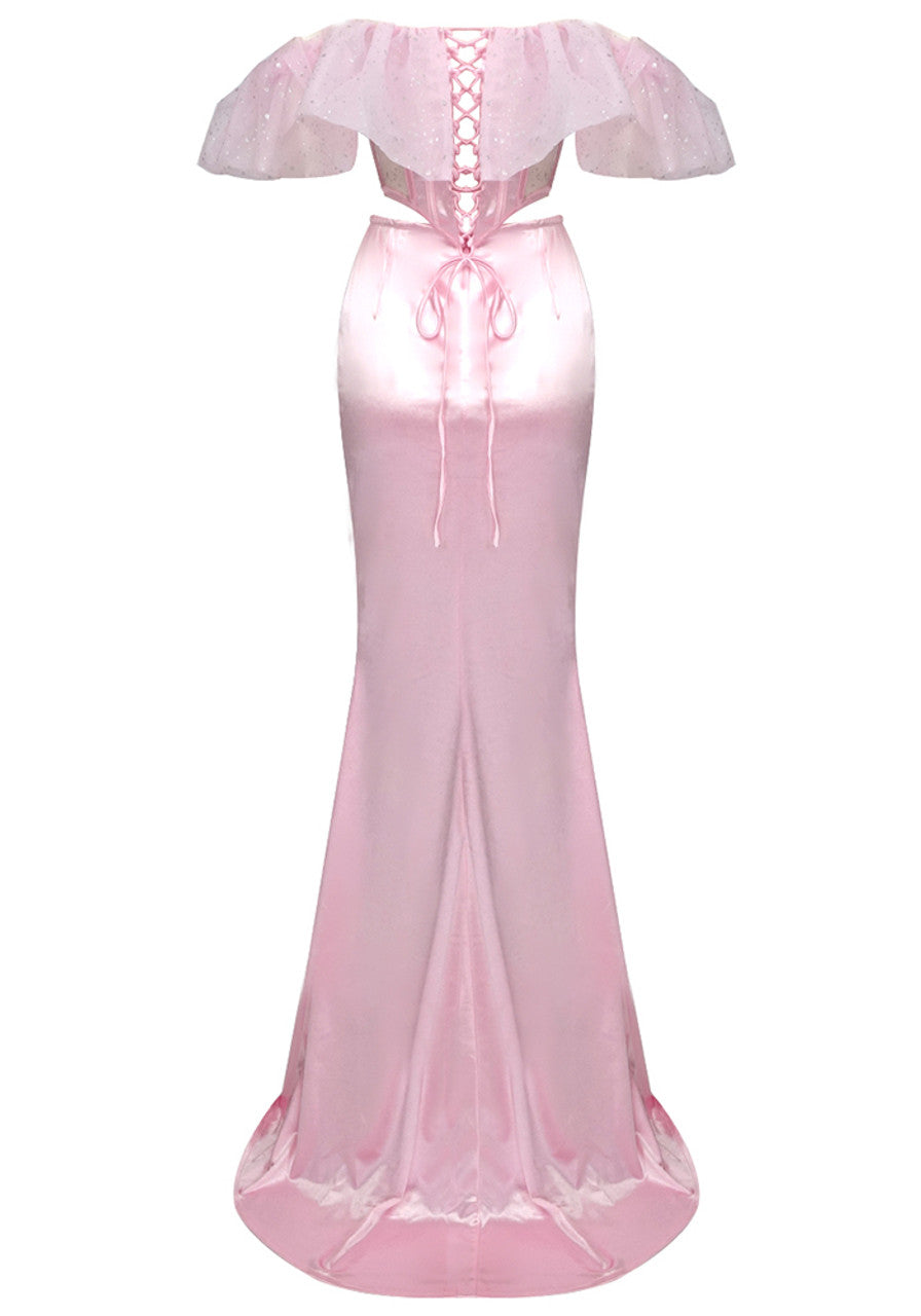 Ruffle Bardot Corset Two Piece Maxi Dress Pink