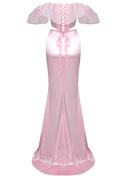 Ruffle Bardot Corset Two Piece Maxi Dress Pink