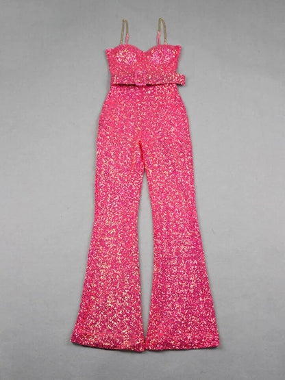 Belt Detail Sequin Jumpsuit Hot HV9977