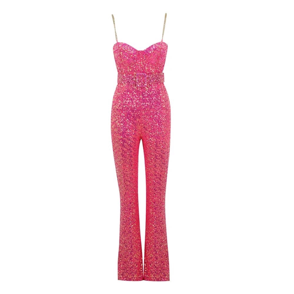 Belt Detail Sequin Jumpsuit Hot HV9977