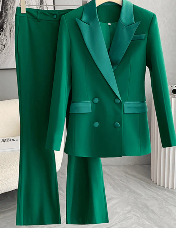 Long Sleeve Satin Detail Suit Green