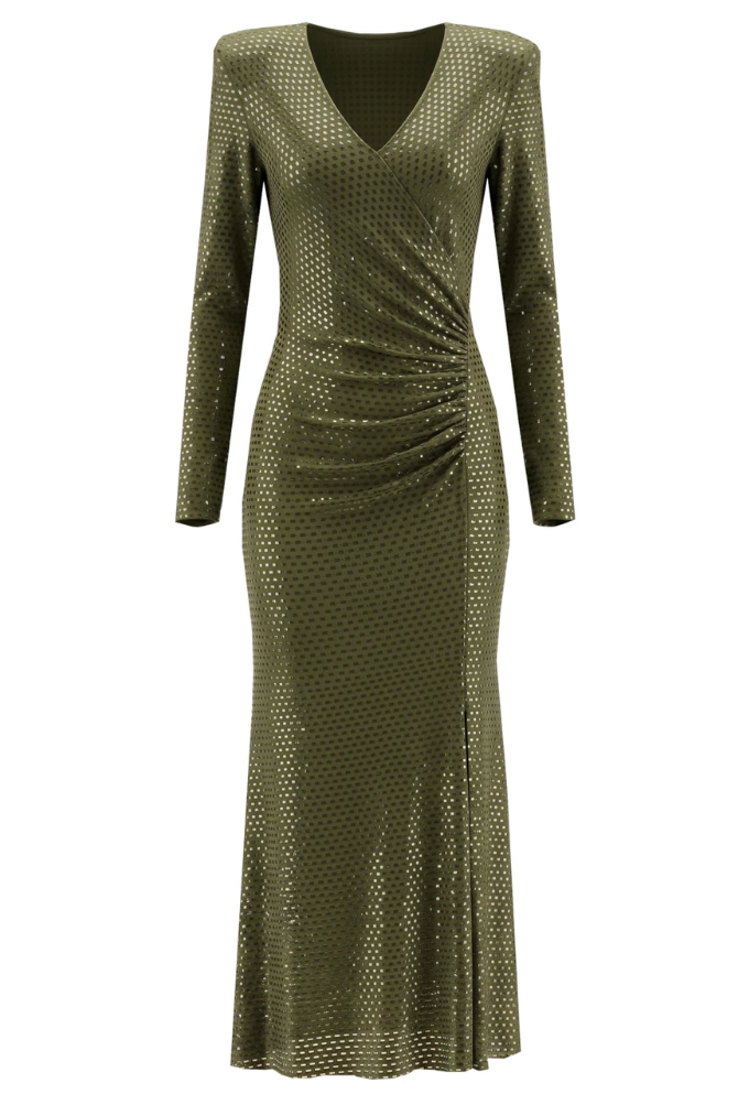 Long Sleeve Embellished A Line Midi Dress Green HV2836
