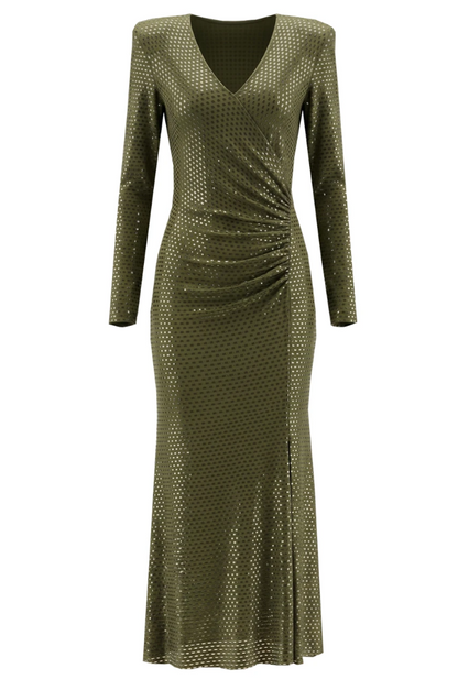 Long Sleeve Embellished A Line Midi Dress Green HV2836