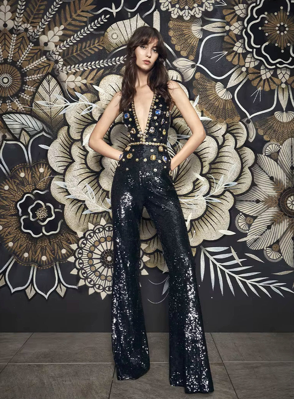 Sequin Crystal Jumpsuit Black